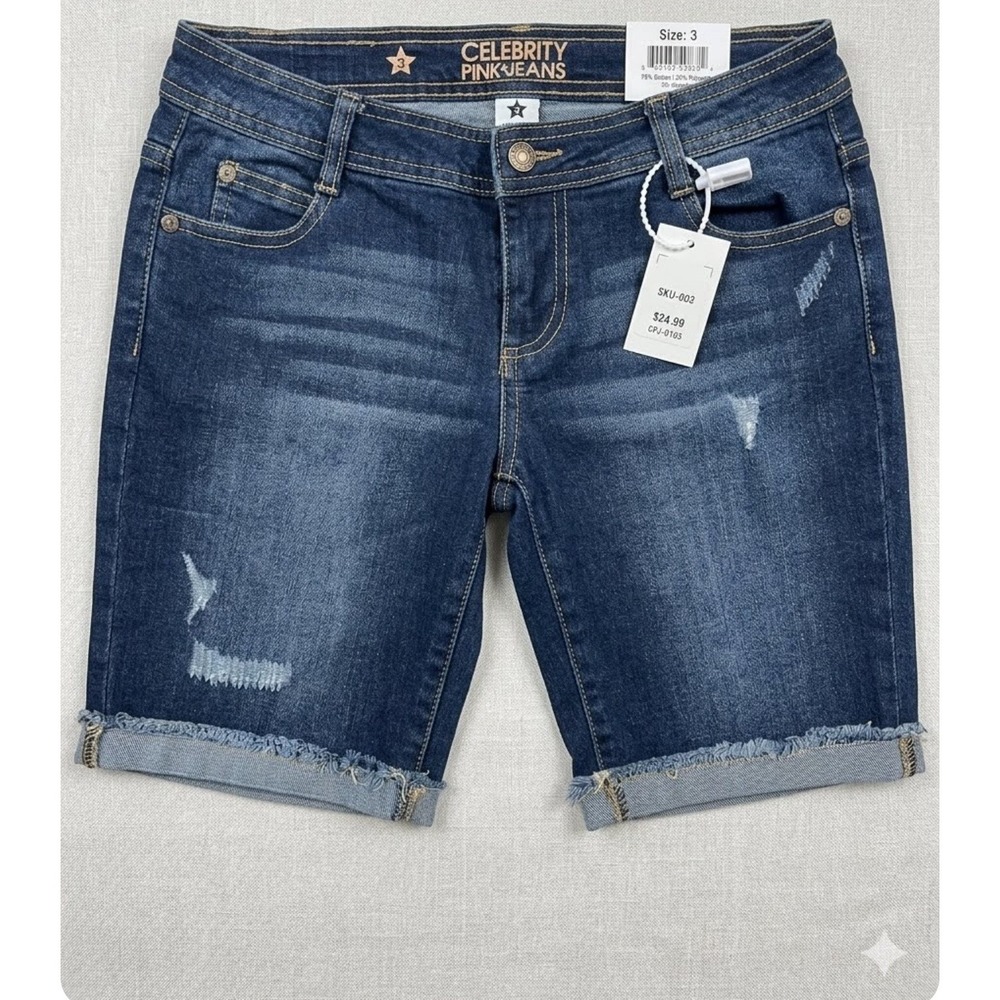 Celebrity Pink Jeans Women Dark Wash Distressed Bermuda Denim Shorts Size 3 NEW